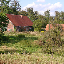 Alter Hof zwischen Wiesen und Bäumen.