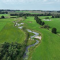 Luftbild der Berkel mit Wiesen und Feldern.