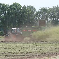 Mähgut wird unter Einsatz eines Traktors mit Anhänger verteilt.