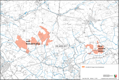 Karte. Die Waldbestände des NSG Kestenbusch bilden zusammen mit dem NSG Roruper Holz das FFH-Gebiet Roruper Holz mit Kestenbusch.